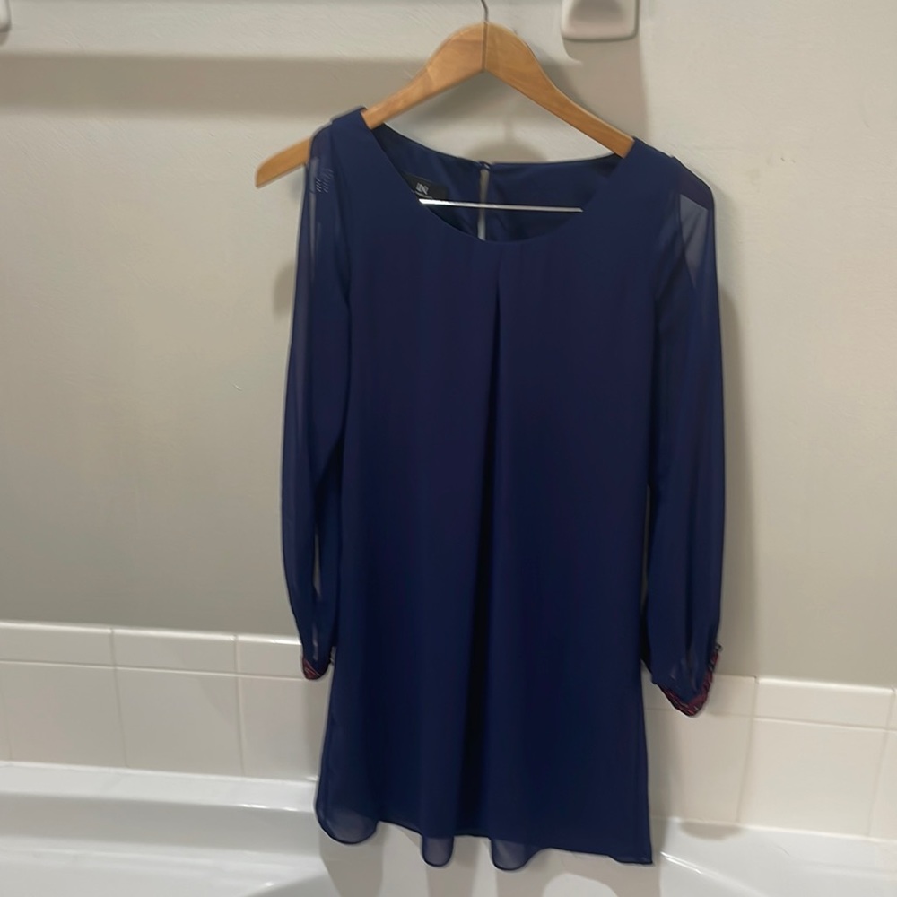 I.N. San Francisco Blue Cold Shoulder Sheer Overlay Flowy Tunic Dress EUC